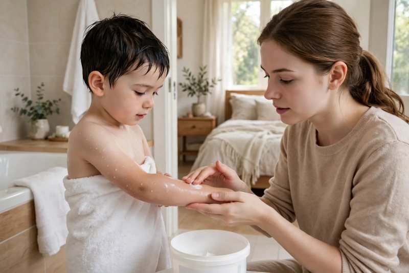 Mother applying cream to boy's damp arm right after bath