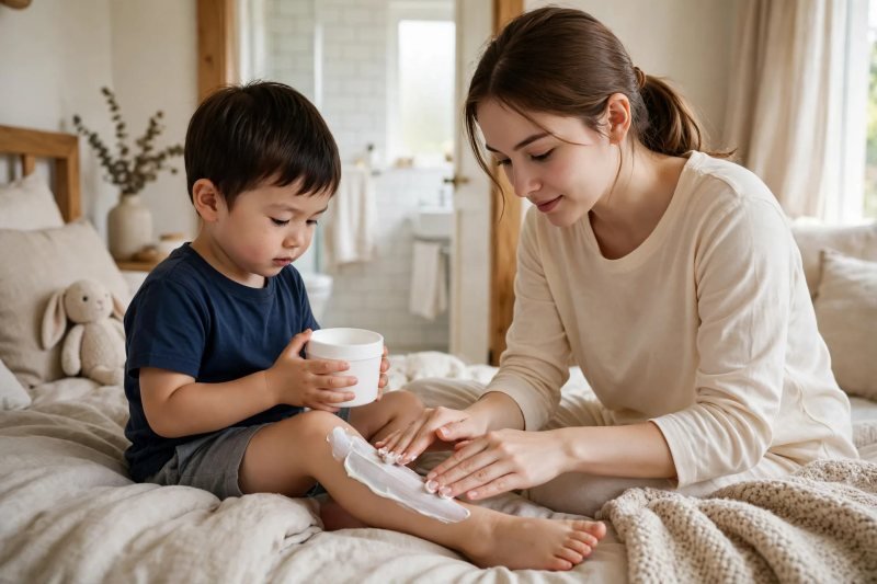Mother smoothing thick cream down boy's shin in downward stroke