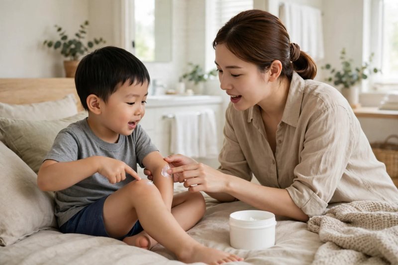 Mother creaming boy's arm while boy points to his knee