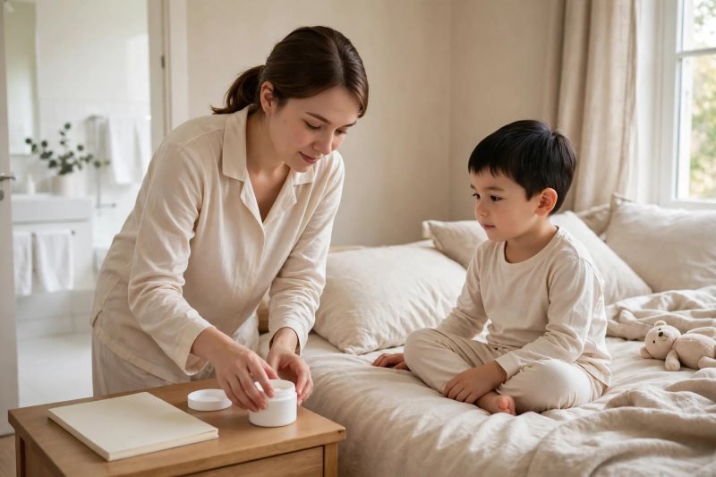 Boy in cotton pajamas while mother sets cream tub on nightstand