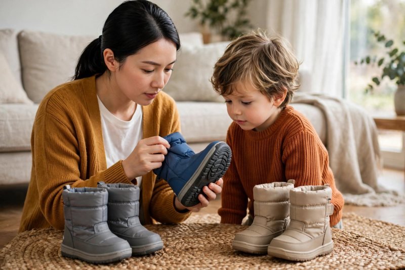 A mother inspects a boot's sole and squeezes its insulated shaft thoughtfully.