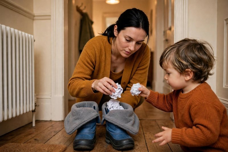 Boots dry open by a radiator, stuffed with plain paper, liners out.