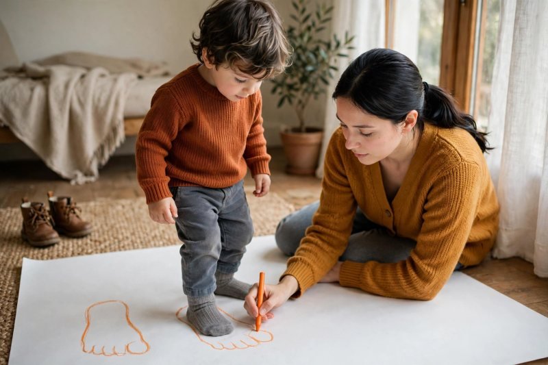 A mother traces her toddler's socked foot on paper with a crayon.