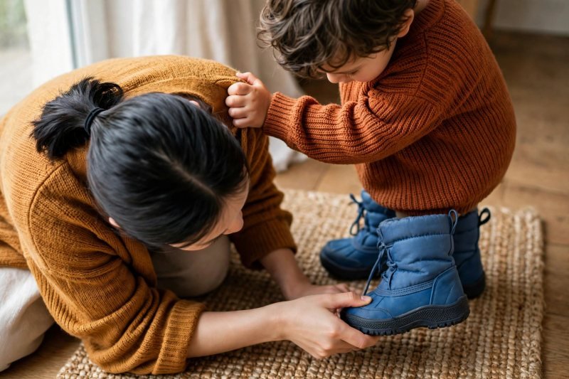 A mother presses her thumb at a booted toe checking the space.