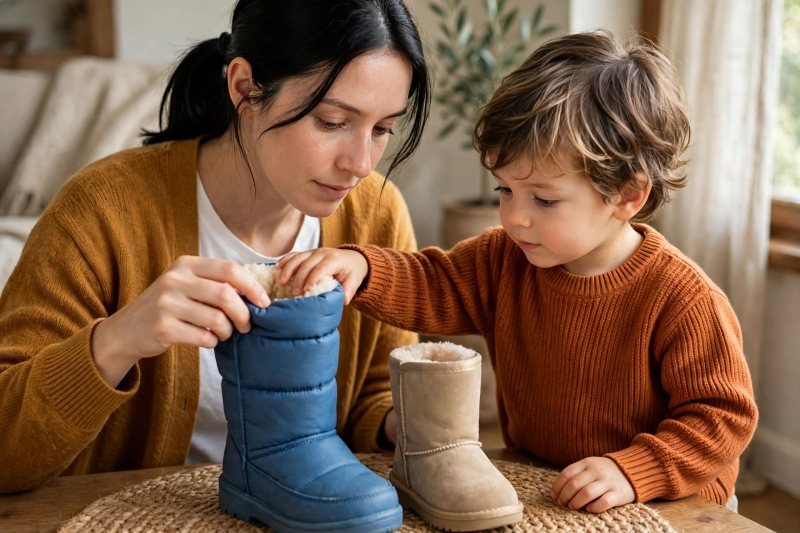A thick insulated boot stands beside a thin one as mother compares warmth.