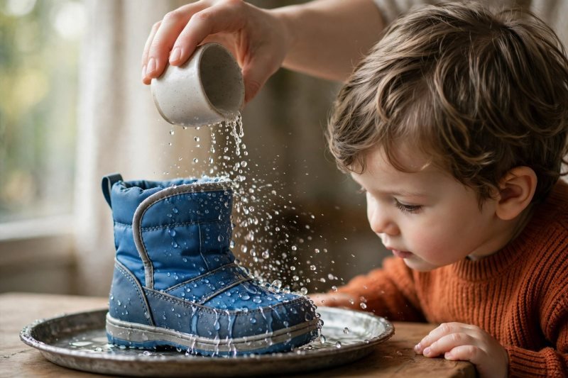 Water beads and rolls off a blue boot during a sprinkle test.