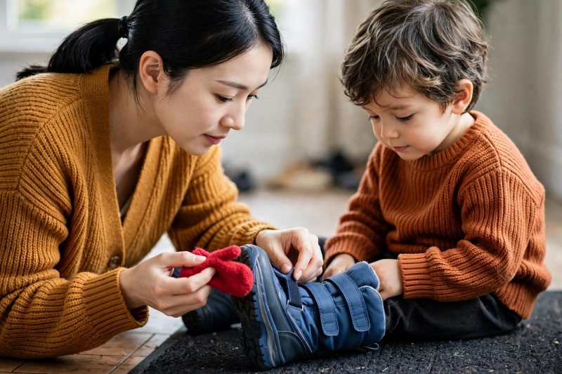 A mother fastens a wide boot strap one-handed, holding a mitten.
