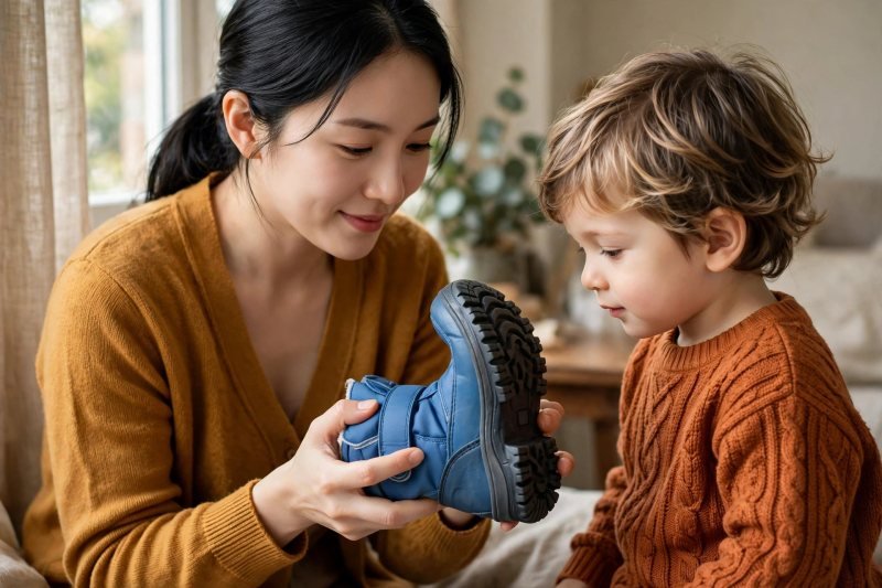 A mother bends a boot's toe upward, showing its chunky tread flexing.
