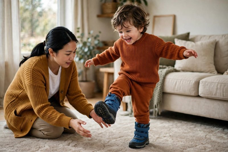 A toddler stomps joyfully in new snow boots while his mother watches.
