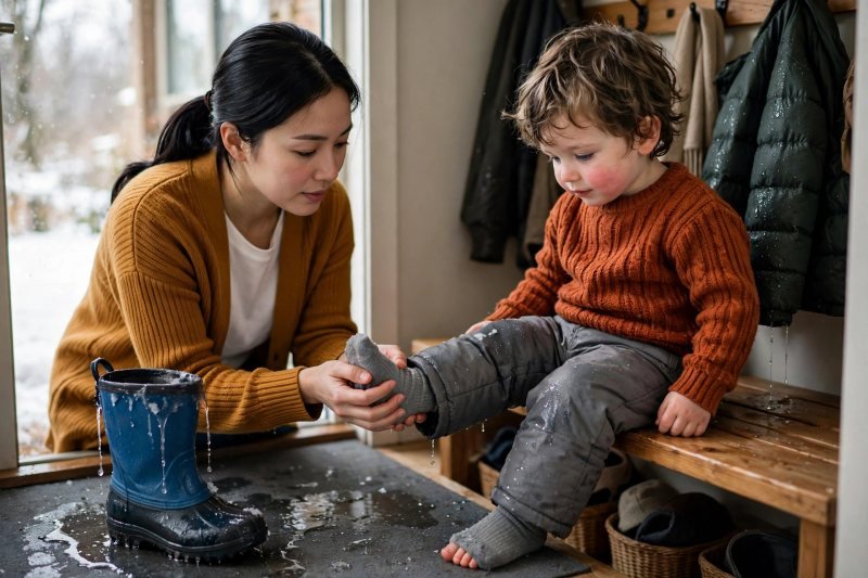 A mother feels her toddler's socked toes after snow play, checking warmth.