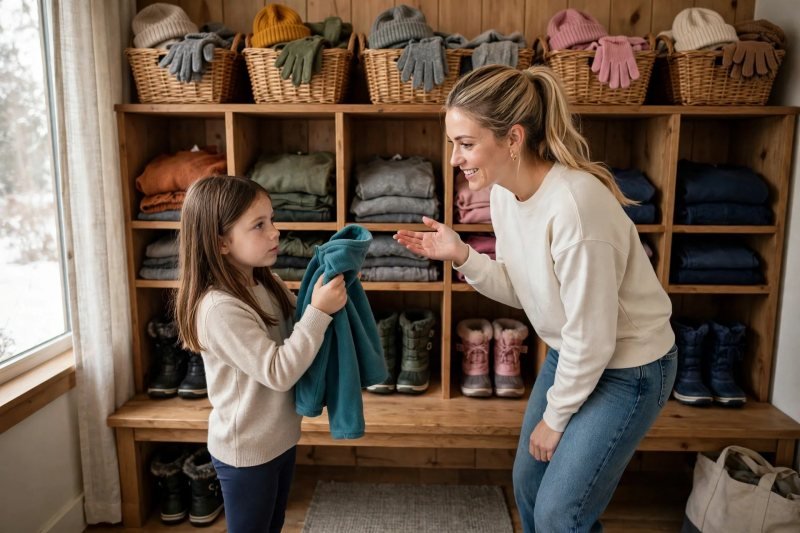 Girl holding a fleece choice before cubbies of planned outfits