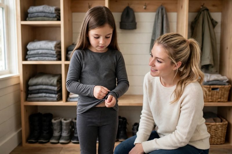 Girl smoothing and tucking her charcoal base layer top