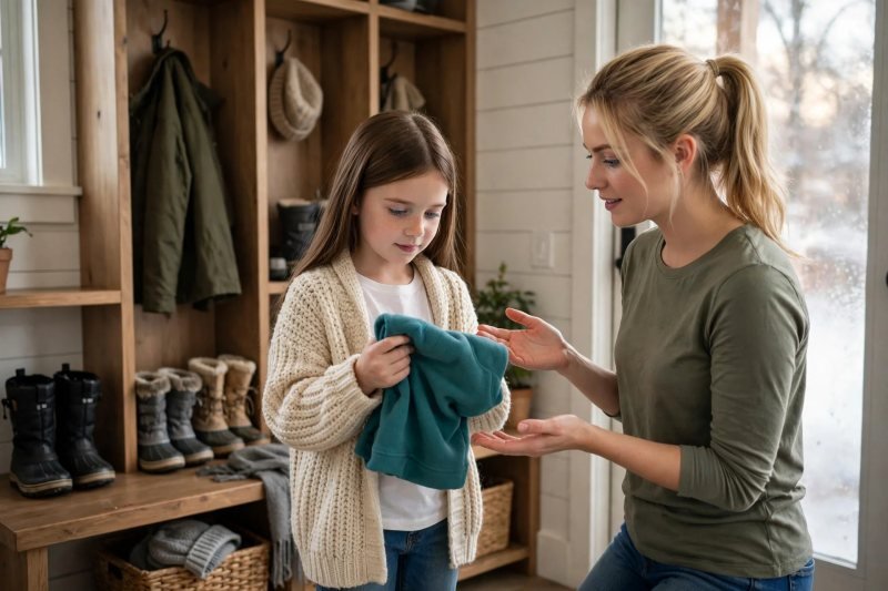 Girl comparing her chunky cardigan with a folded fleece