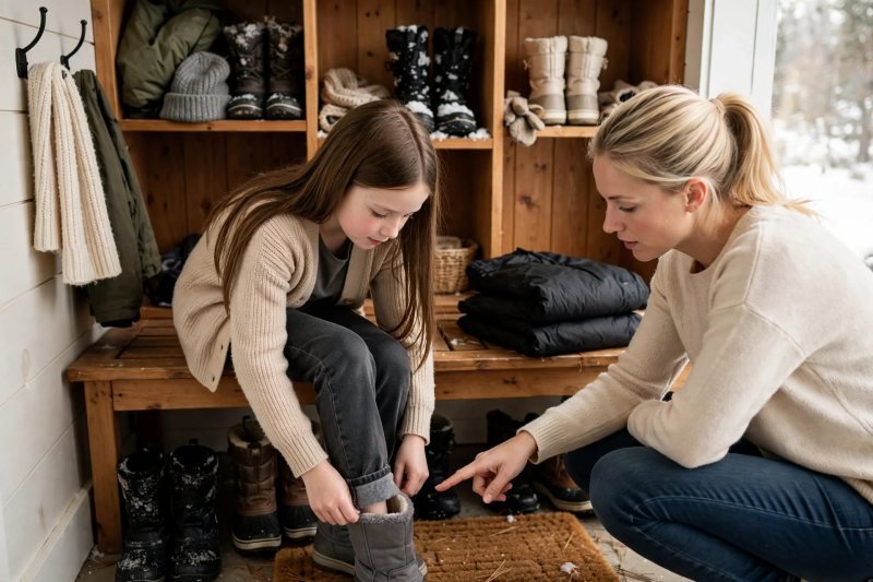 Seated girl checking jeans length above boots beside snow pants