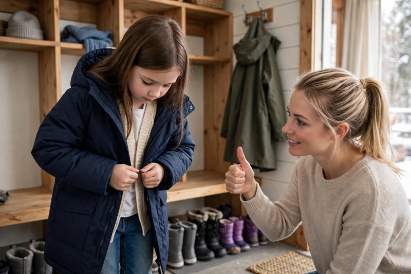 Girl zipping her long parka while mother gives thumbs-up