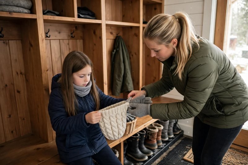 Girl holding her knit hat while mother adjusts glove cuff