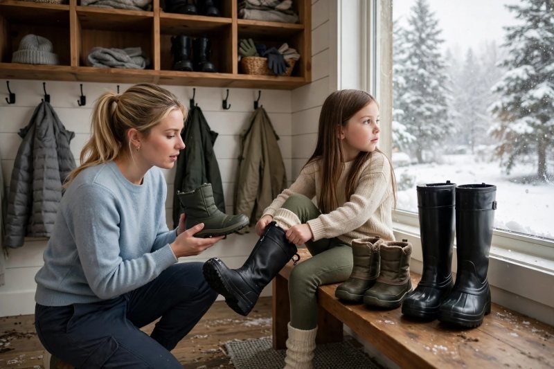 Girl pulling on tall snow boot while eyeing snowy window