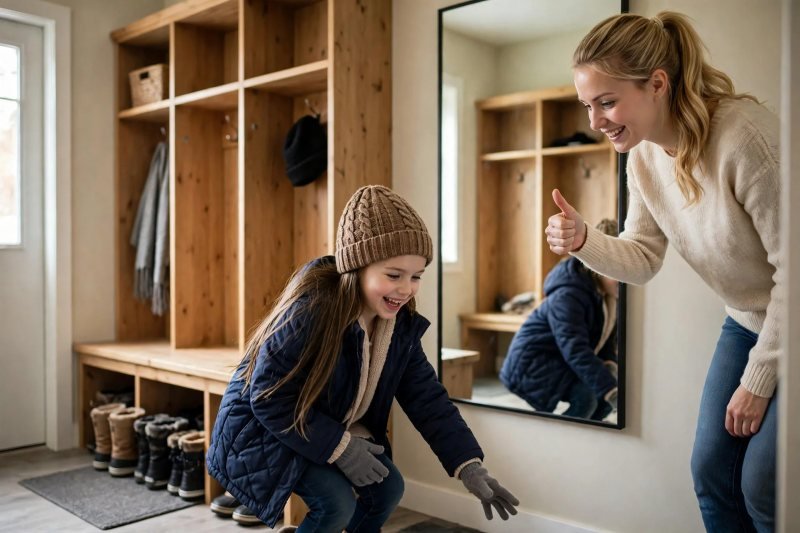 Girl squatting in full outfit during mirror movement check