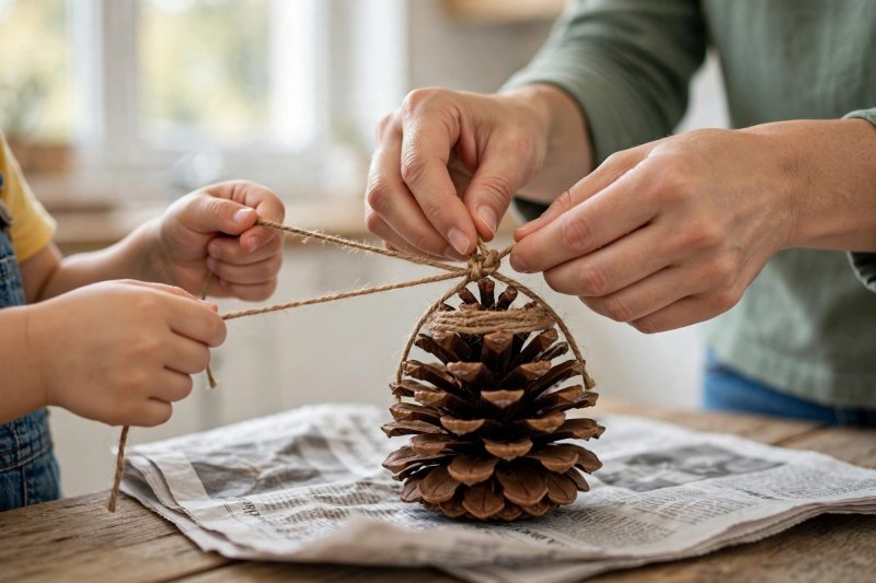Mother tying string around a pine cone while her daughter holds the string ends