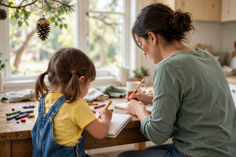 Girl drawing a bird in her notebook by the window while her mother writes