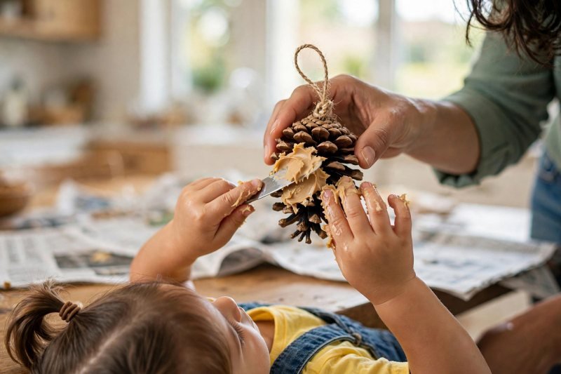 Little girl spreading seed butter into pine-cone scales with a butter knife