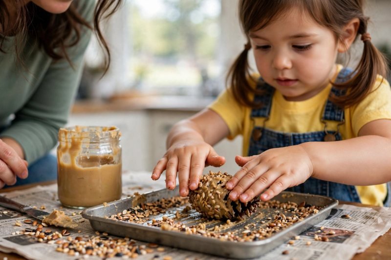Girl rolling the sticky pine cone back and forth through a tray of birdseed