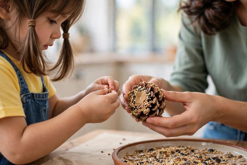 Child pinching birdseed and patting it into bare butter patches on the cone