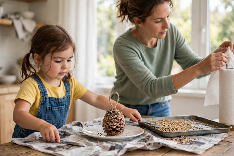 Seed-coated pine-cone feeder resting on a plate while the girl tidies the table