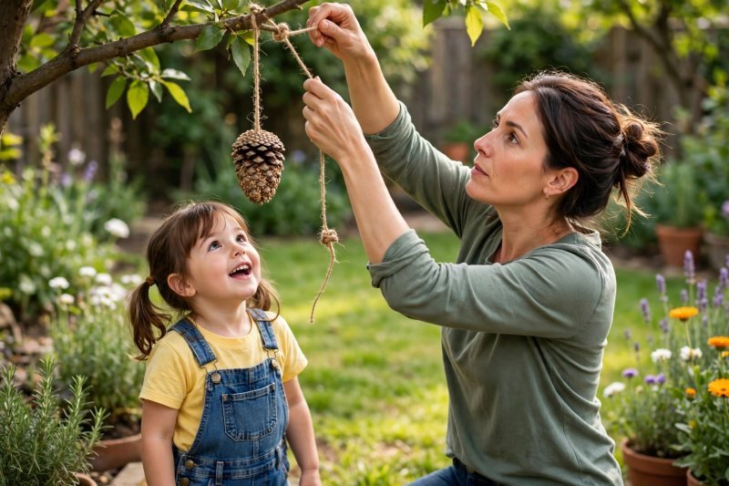 Mother tying the pine-cone feeder to a low branch as her daughter watches
