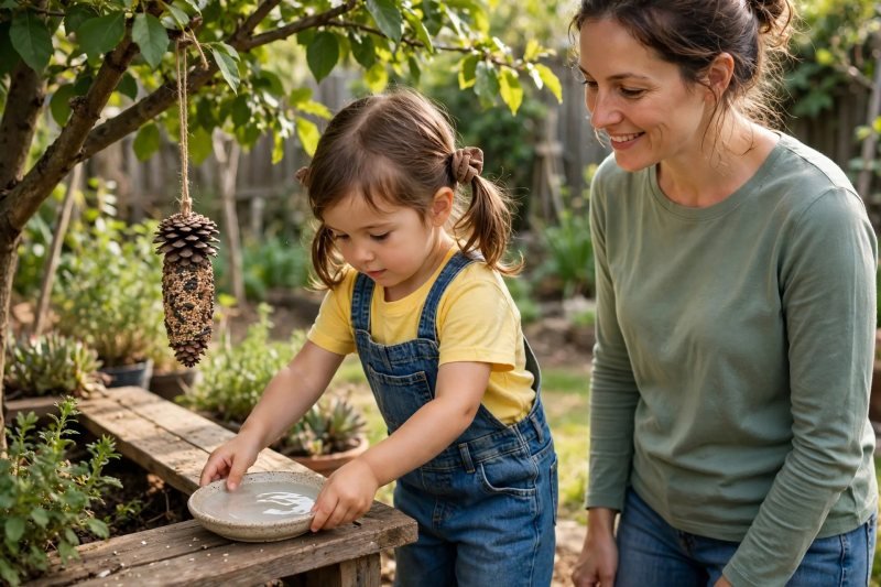 Girl setting a shallow saucer of water on a bench beneath the hanging feeder