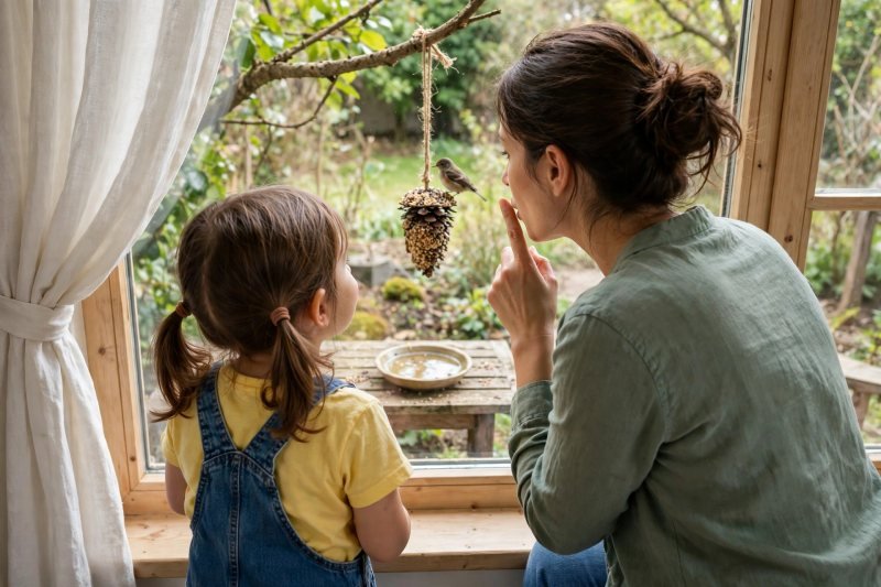 Mother and daughter quietly watching a songbird on the feeder through the window