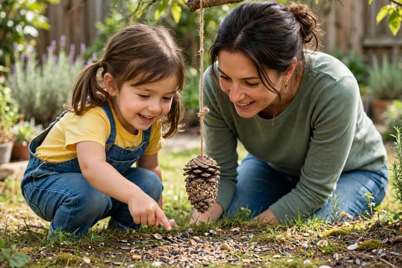 Girl pointing at scattered seed shells beneath the feeder, the first visitor's sign