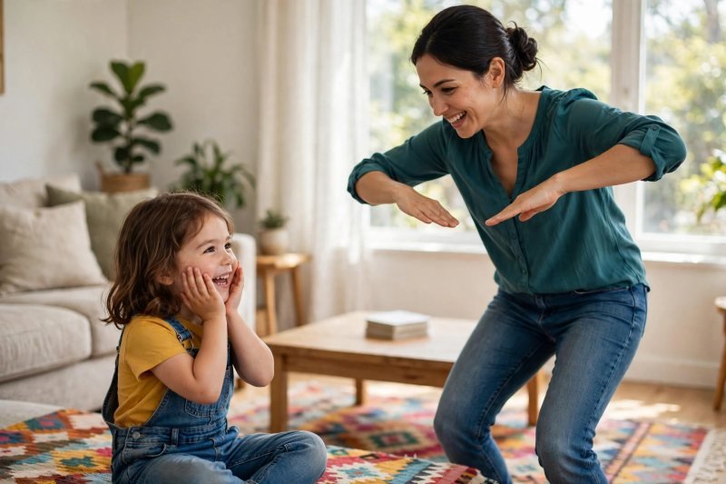 Mother robot-dancing with stiff arms while her little girl giggles on the rug