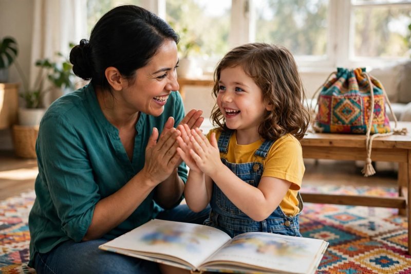 Mother and daughter clapping and celebrating over an open picture book