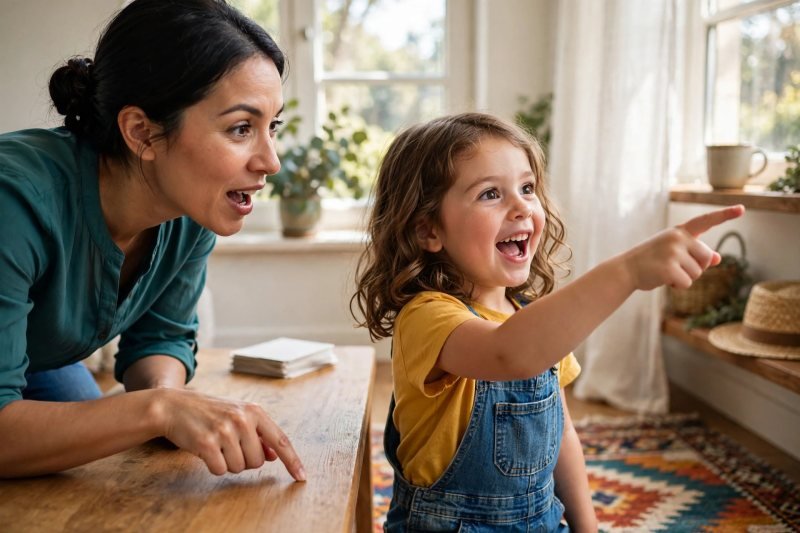 Mother tapping sound beats as her daughter shouts out her guess excitedly