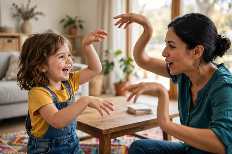Mother and daughter slithering arms like snakes during stretchy blending play