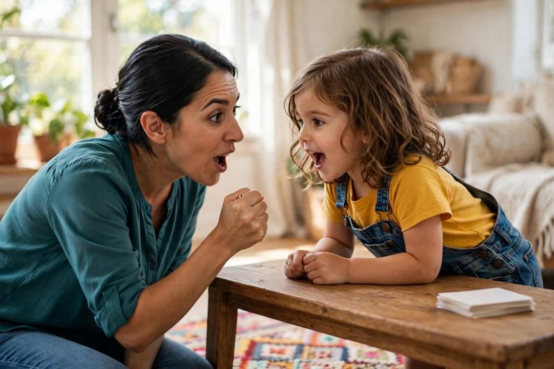 Mother hiding an object in her fist while stretching a mystery word aloud