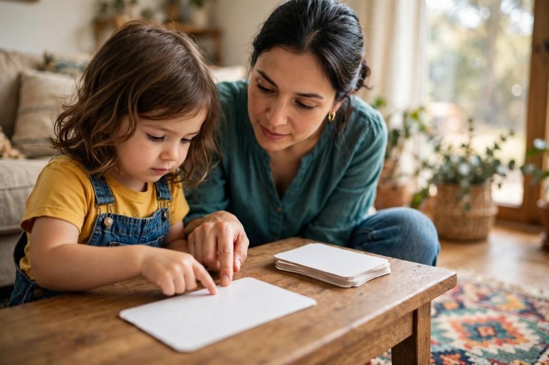 Mother guiding her daughter's finger tapping along a face-up word card