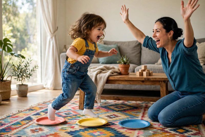 Little girl mid-hop over colored paper plates while her mother cheers