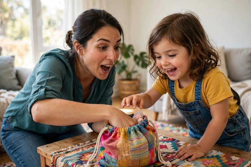 Mother pulling a hidden plush toy from a colorful drawstring mystery bag