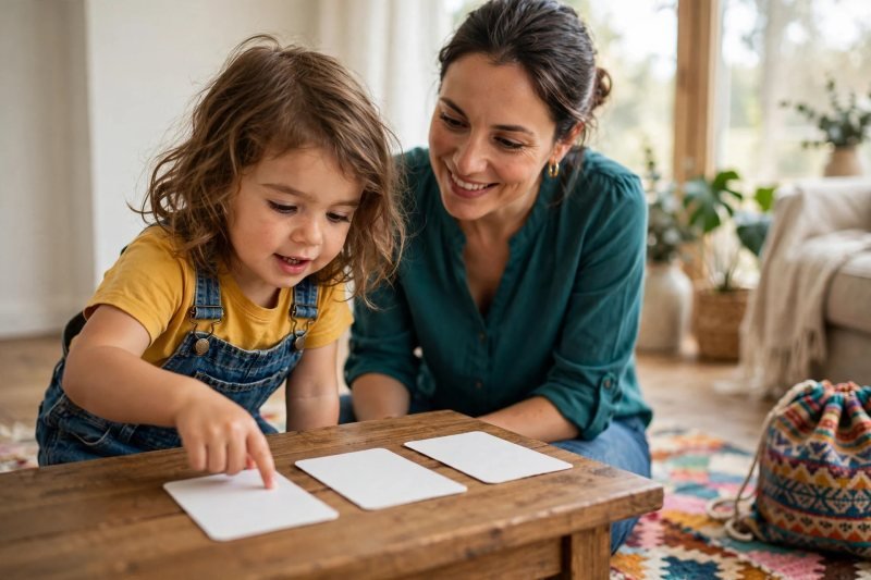 Girl touching the first of three word cards while reading aloud proudly