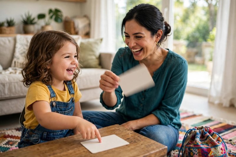 Mother and daughter laughing as they swap word cards in the sound-swap game