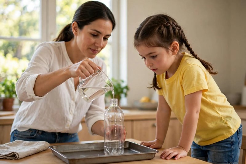Mother pours vinegar from a measuring cup into a bottle in a tray