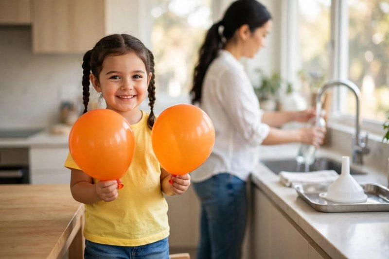 A girl compares two inflated orange balloons while her mother rinses the bottle