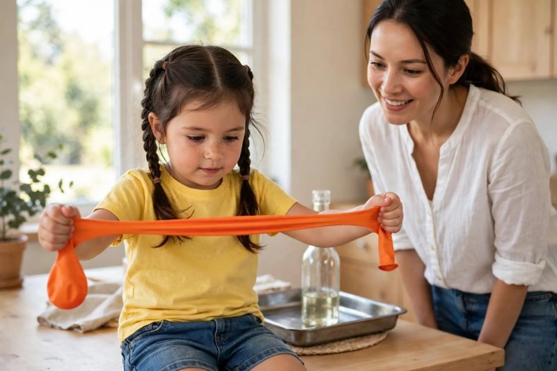 A girl stretches a deflated orange balloon wide between her hands at the table