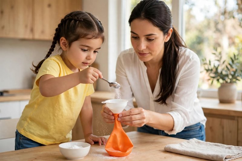 A girl spoons white baking soda into a funnel held in a balloon mouth