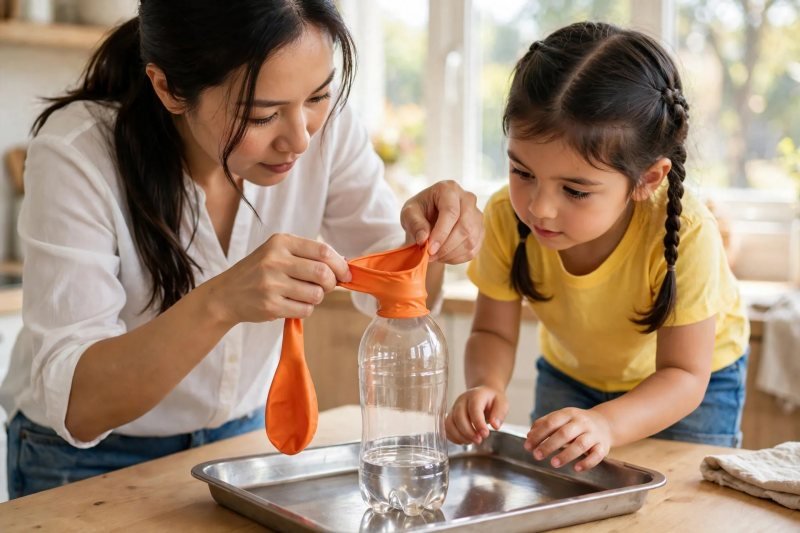 Mother stretches the balloon mouth wide over the vinegar bottle opening in a tray