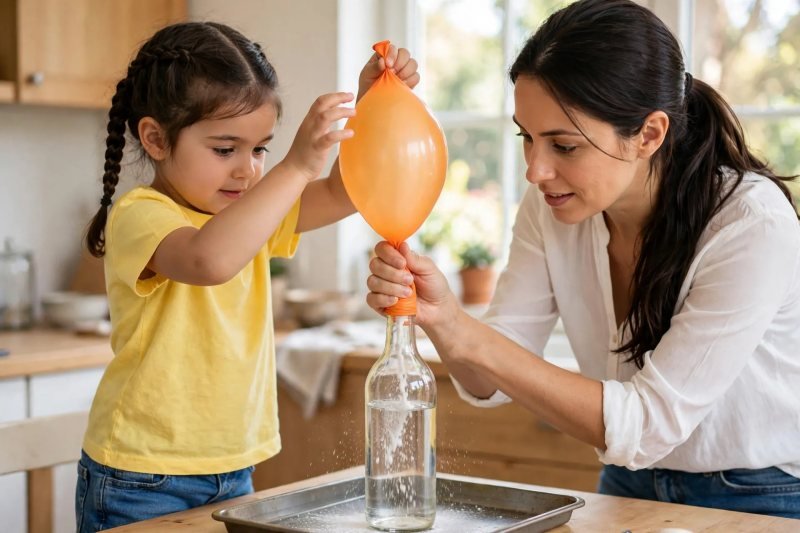 A girl lifts the baking-soda balloon upright as powder tumbles into the bottle