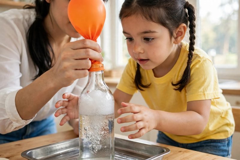 White fizzing bubbles churn in the bottle while mother holds the upright balloon seal
