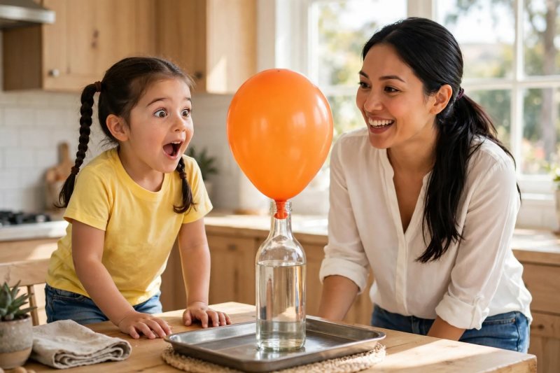 An orange balloon inflates itself upright over the bottle while the girl watches amazed